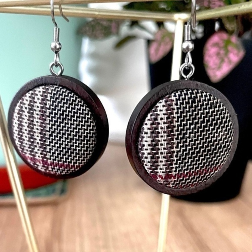 Handmade Chunky Retro Fabric Button Wood Earrings, 25mm, NWT